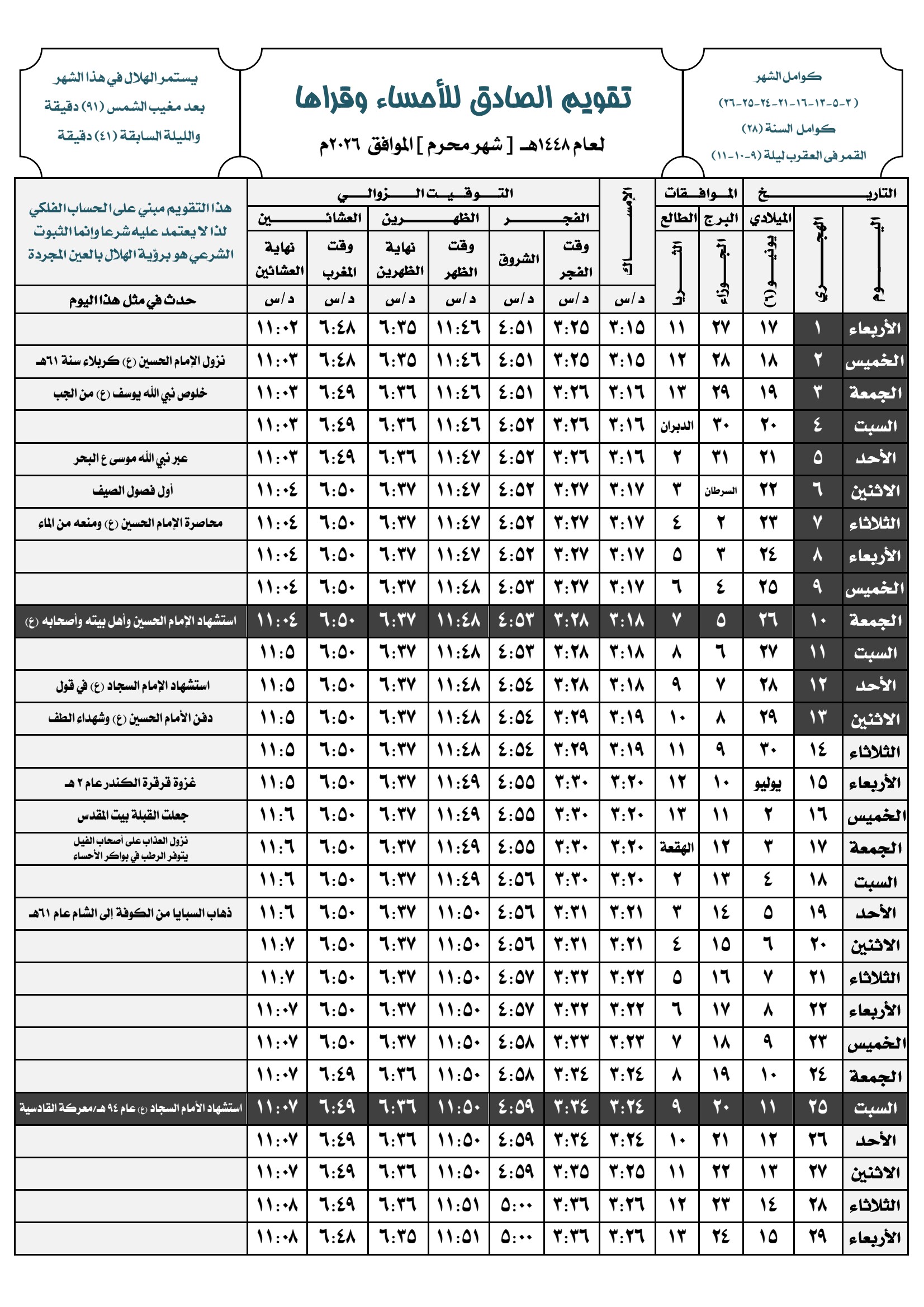 تقويم الشهر